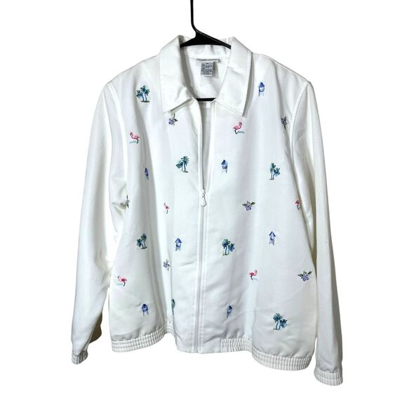 Vintage Alfred Dunner Embroidered Jacket Size 14 Tropical Flamingo Flowers White - Picture 1 of 8